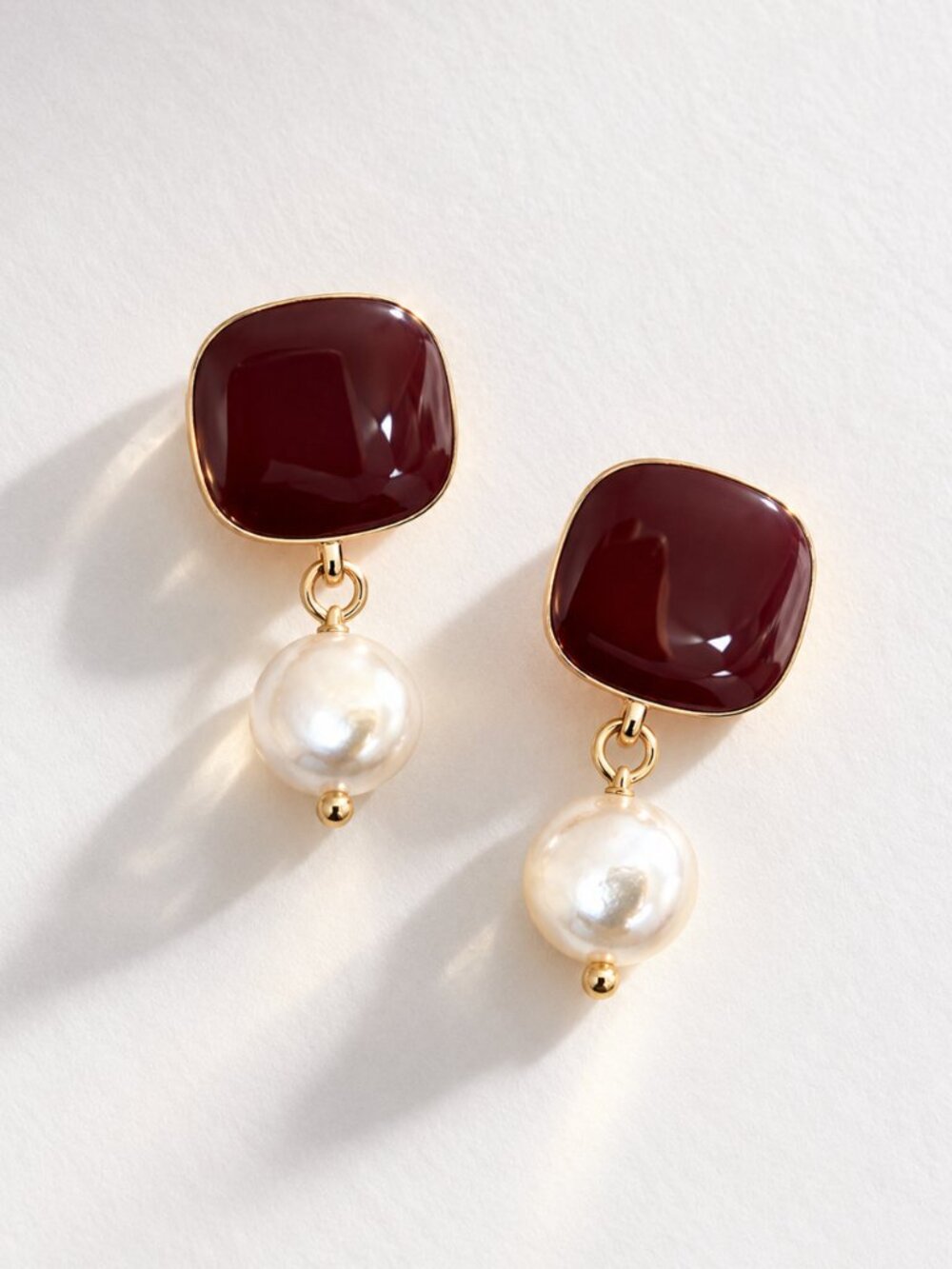 Anthropologie 18k Gold Burgundy Gemstone Pearl Drop Dangle Statement Earrings